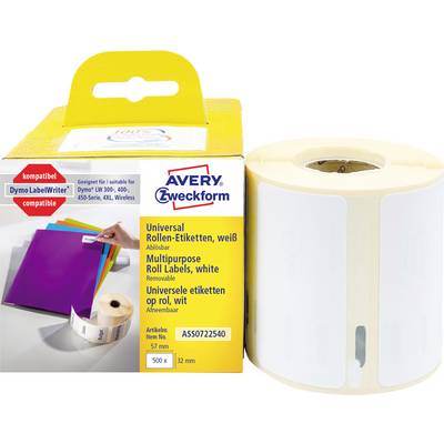 Avery Zweckform Universal-Rollenetiketten in Weiß neben einer großen Rolle mit leeren Etiketten, die Kompatibilität mit Dymo LabelWriter-Druckern zeigt.