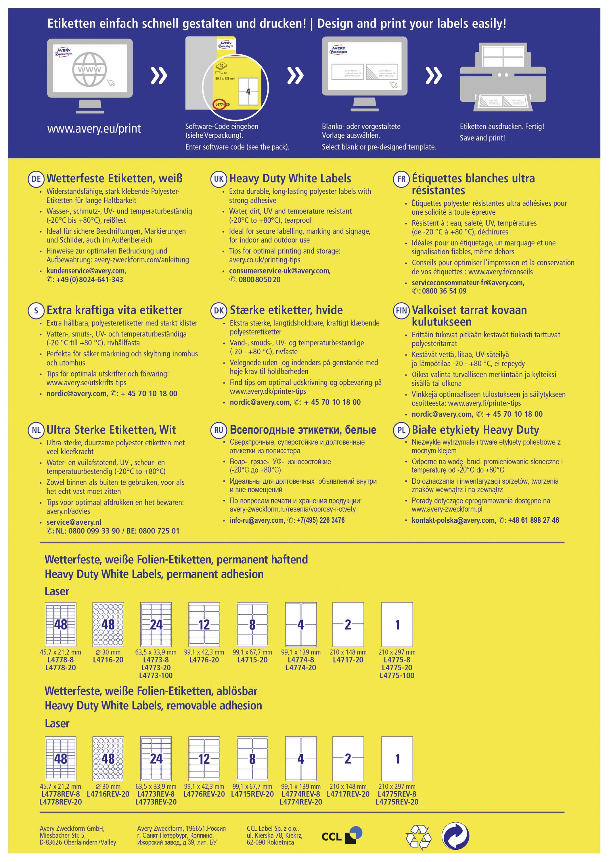 'Etiketten einfach schnell gestalten und drucken! Design and print your labels easily!' Tabelle zeigt Etikettentypen: weiß, extra kräftig, ultra stark. Farbcodiert, erklärt Anwendungsmöglichkeiten.