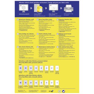 'Etiketten einfach schnell gestalten und drucken! Design and print your labels easily!' Tabelle zeigt Etikettentypen: weiß, extra kräftig, ultra stark. Farbcodiert, erklärt Anwendungsmöglichkeiten.
