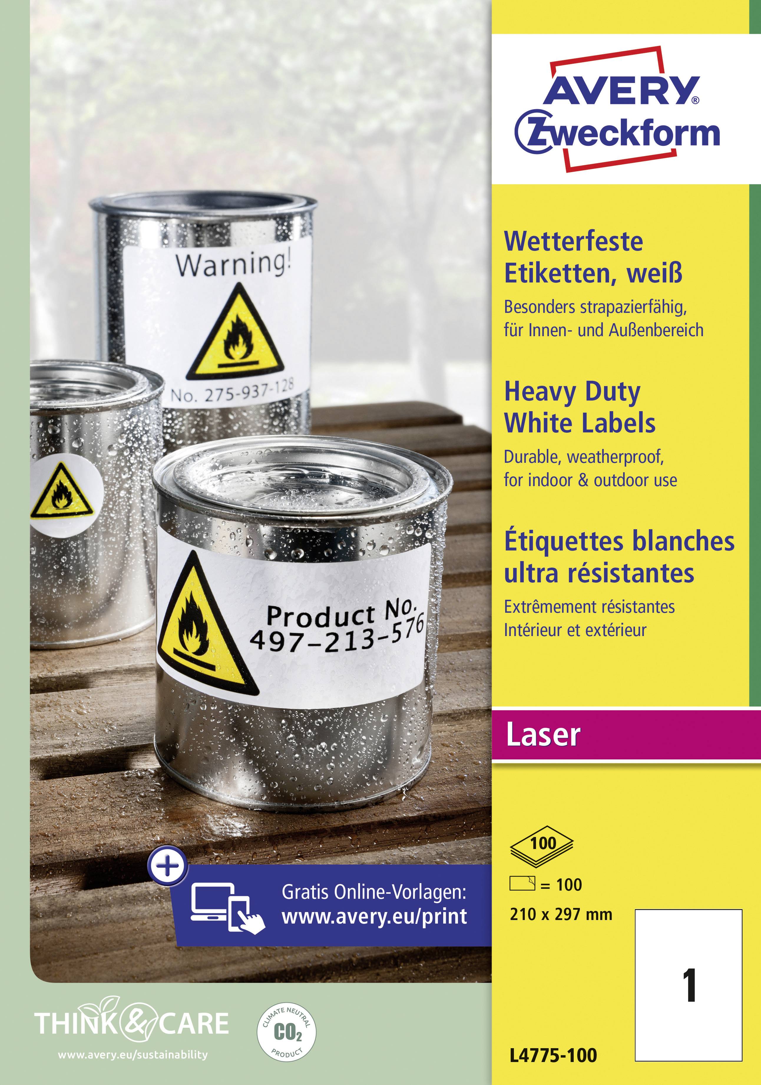 'Drei silberne Dosen mit Warn- und Produktetiketten auf einem Tisch. Oberer Text: Avery Zweckform. Wetterfeste Etiketten, weiß.'