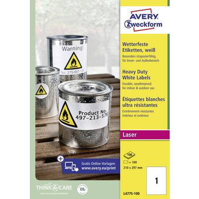 'Drei silberne Dosen mit Warn- und Produktetiketten auf einem Tisch. Oberer Text: Avery Zweckform. Wetterfeste Etiketten, weiß.'