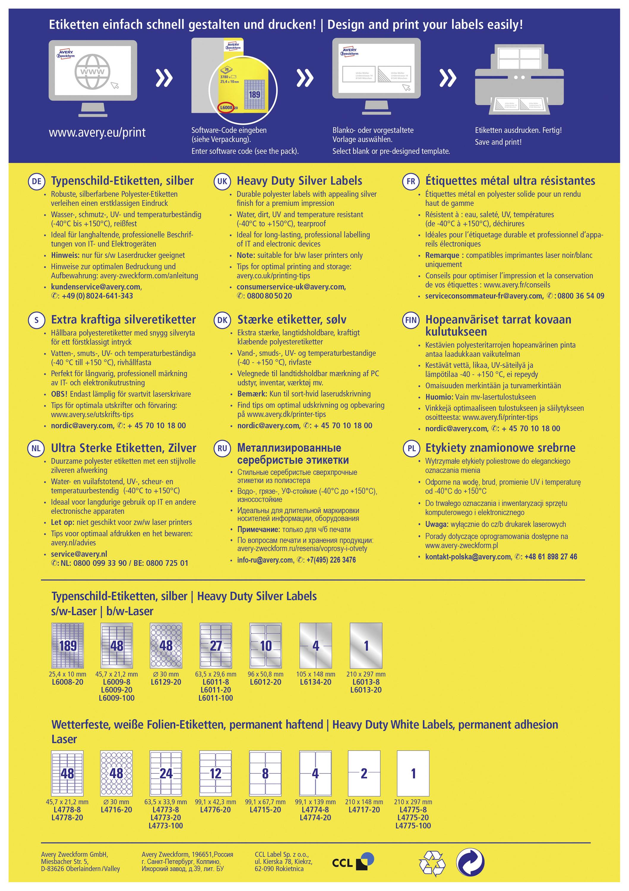 'Etiketten einfach schnell gestalten und drucken!' Anleitung zur Verwendung von Avery-Produkten mit Tipps zu Etikettenarten und Anwendungen. Diagramme und Symbole zeigen Spezifikationen.