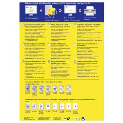 Plakat zur Bewerbung von Avery Zweckform Etikettenbogen und Druckeretiketten, mit Schritten zum Entwerfen, Drucken und Anbringen von Etiketten; enthält mehrere Etikettentypen und Größen in mehreren Sprachen.