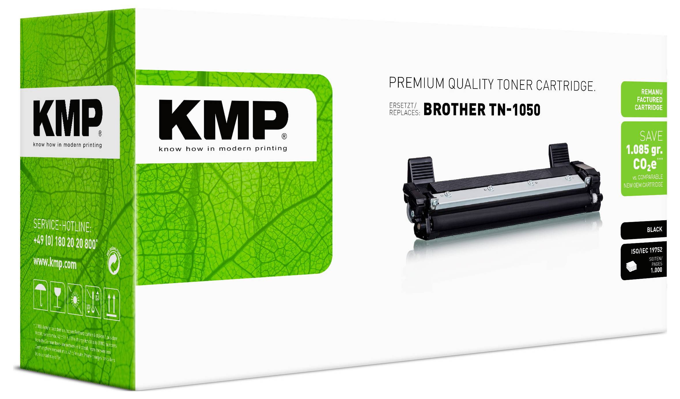 KMP Premium-Toner-Kartusche für Brother TN-1050, gezeigt mit einer schwarzen Kartusche und grüner Verpackung mit KMP-Kennzeichnung und der Aufschrift „1.085 gr. CO2-e sparen".