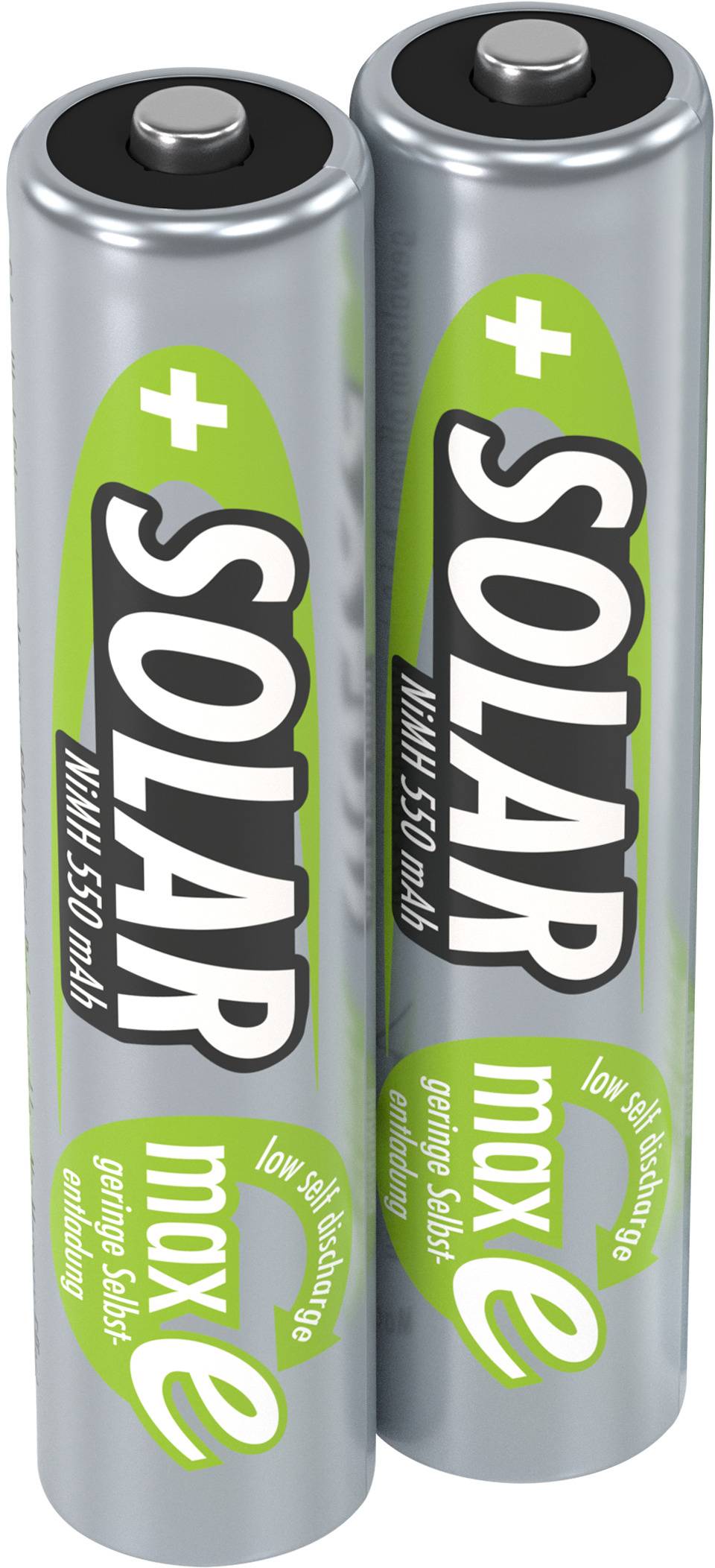 Zwei wiederaufladbare Batterien mit der Aufschrift 'SOLAR', Kapazität 550 mAh, silberne und grüne Verpackung.