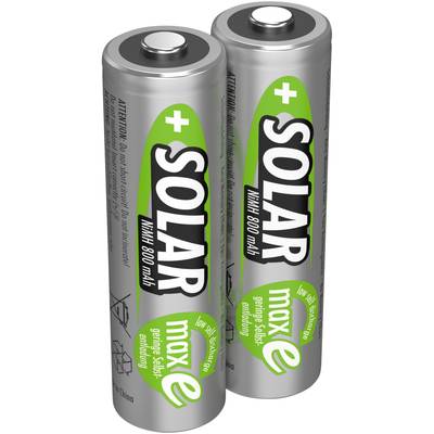 Zwei AA-Batterien mit der Aufschrift 'SOLAR', 800 mAh, grün und grau. Sie sind wiederaufladbar und umweltfreundlich.