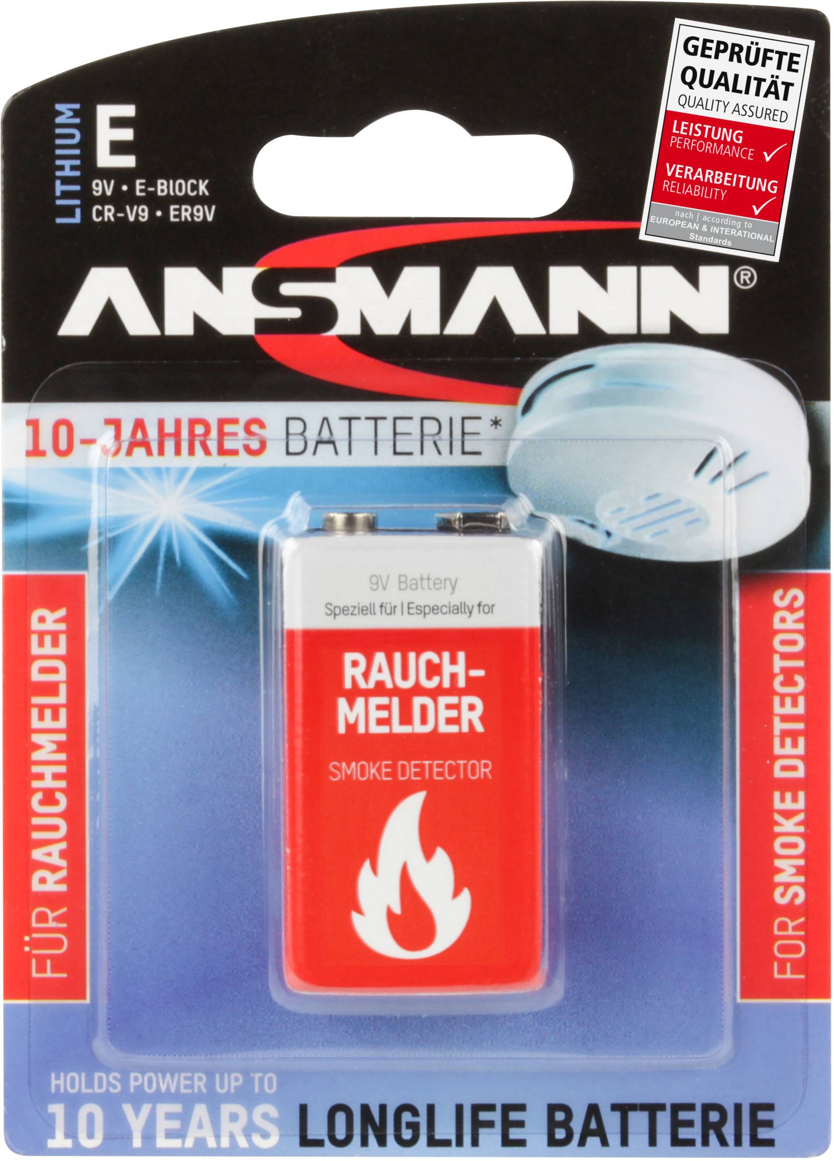 Eine 9V Lithiumbatterie von Ansmann für Rauchmelder. Verpackung betont 10 Jahre Lebensdauer und enthält ein Bild eines Rauchmelders.