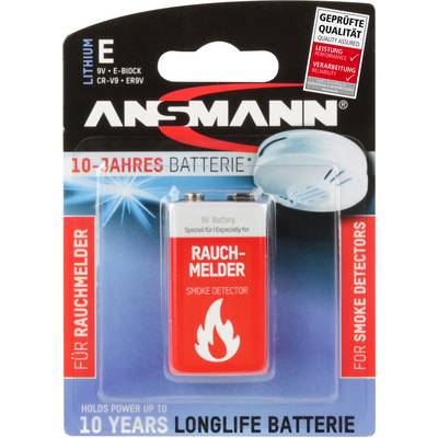 Eine 9V Lithiumbatterie von Ansmann für Rauchmelder. Verpackung betont 10 Jahre Lebensdauer und enthält ein Bild eines Rauchmelders.