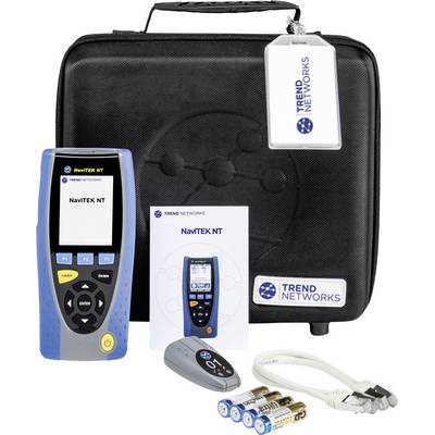 'Netzwerktester-Set mit NaviTEK NT Gerät, Anleitung, Fernbedienung, Batterien und Kabel vor schwarzer Tragetasche.'