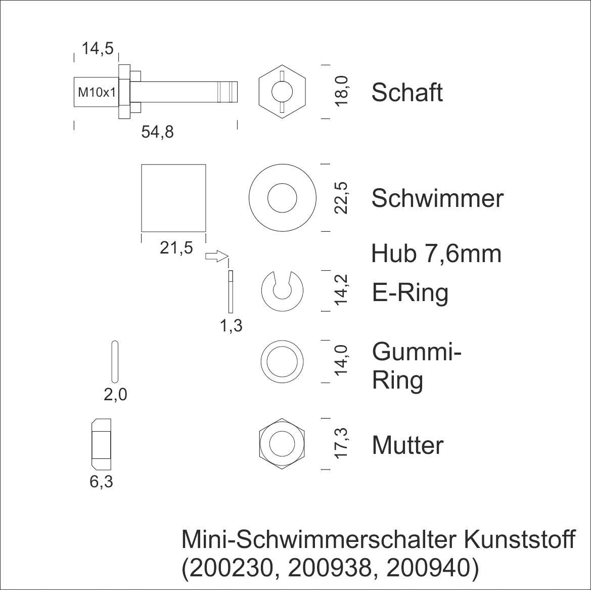 'Mini-Schwimmerschalter Kunststoff', Darstellung der Komponenten: Schaft, Schwimmer, Hub 7,6mm, E-Ring, Gummi-Ring, Mutter.