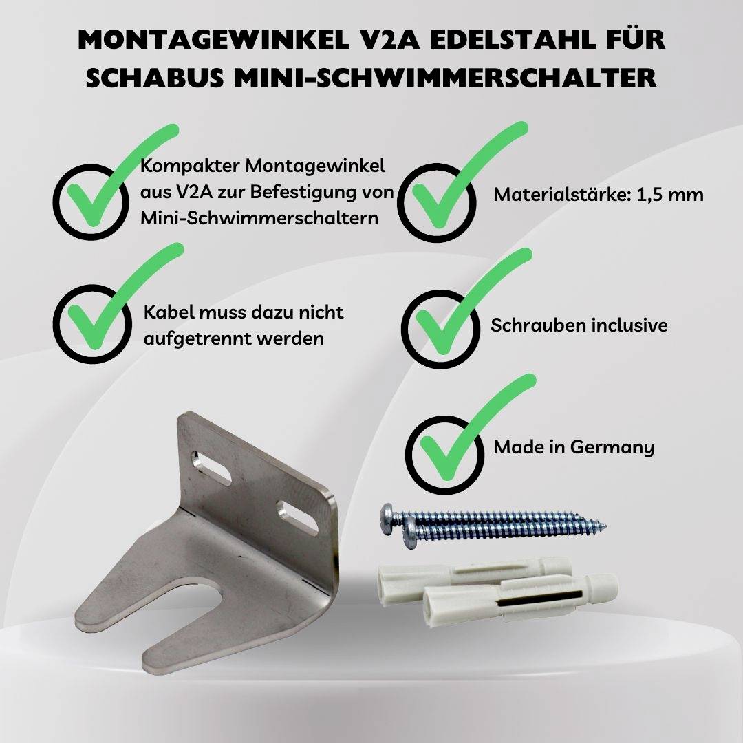 'Montagewinkel V2A Edelstahl für Schabus Mini-Schwimmerschalter'. Enthält Schrauben, Materialstärke 1,5 mm, Made in Germany.