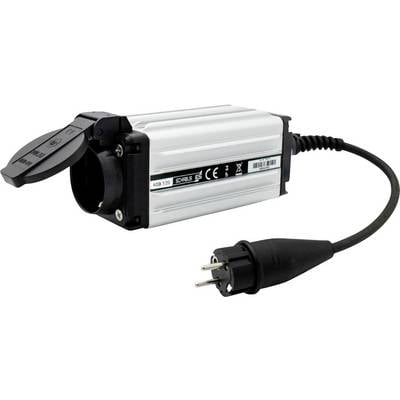 Nahaufnahme eines silbernen industriellen Elektrogeräts mit schwarzer Kappe und angeschlossenem Stromkabel, das in einen zweipoligen Stecker endet.