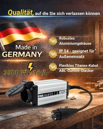 Werbebild für ein mobiles Ladegerät: Made in Germany, 3500 W/16 A, robustes Aluminiumgehäuse, IP54 für Außeneinsatz, flexibles Titanex-Kabel und ABL-Gummi-Stecker.