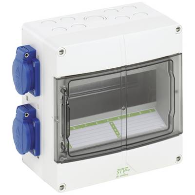 Weiße Verteilerbox mit transparentem Deckel und zwei blauen Steckdosen an der Seite. Enthält einen Beschriftungsschild.