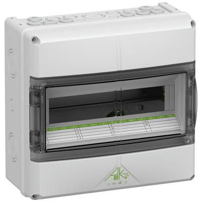 Grauer Elektroverteilerkasten mit transparentem Fenster, sichtbar sind nummerierte Schalterfelder. Geeignet für industrielle Anwendung.