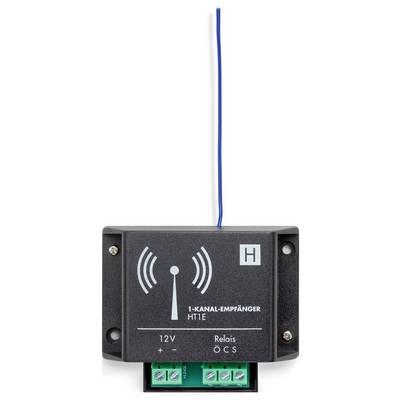 Ein 12V-Einkanal-Empfängergerät mit einer Antenne, gekennzeichnet als '1-Kanal-Empfänger HT1E', mit Relaisanschlüssen am unteren Ende.