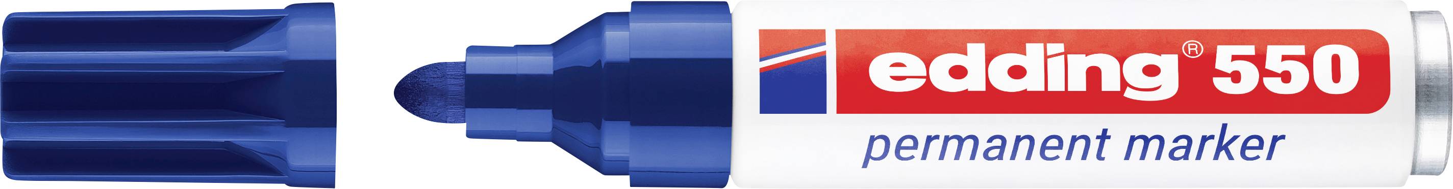Blauer Edding 550 Permanent Marker mit entfernter Kappe, zeigt die Keilspitze und das Markenlabel.