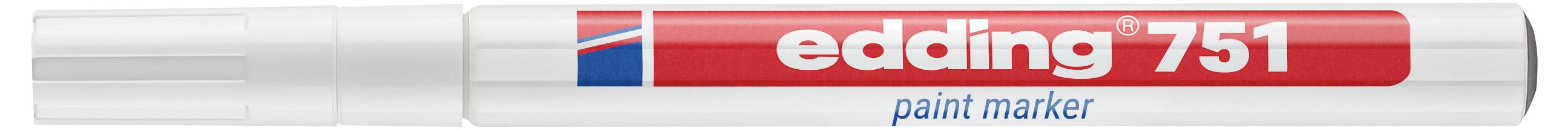 Ein weißer Lackmarker mit der Bezeichnung „edding 751" mit roter Kappe und rotem Körpertext.