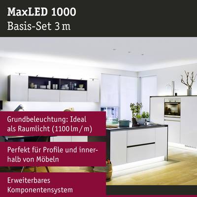 MaxLED 1000 Beleuchtungssystem im Raum, Anwendungsbeispiel für Küchen. Text: 'Grundbeleuchtung: Ideal als Raumlicht'.