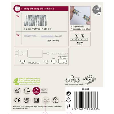 'Komplettset LED-Strip 12,5mm, 300cm, 7,5W. Erweiterbar bis 5,5m. Enthält Netzteil, Dimmer. 1100 Lumen. Verpackung plastikfrei.'