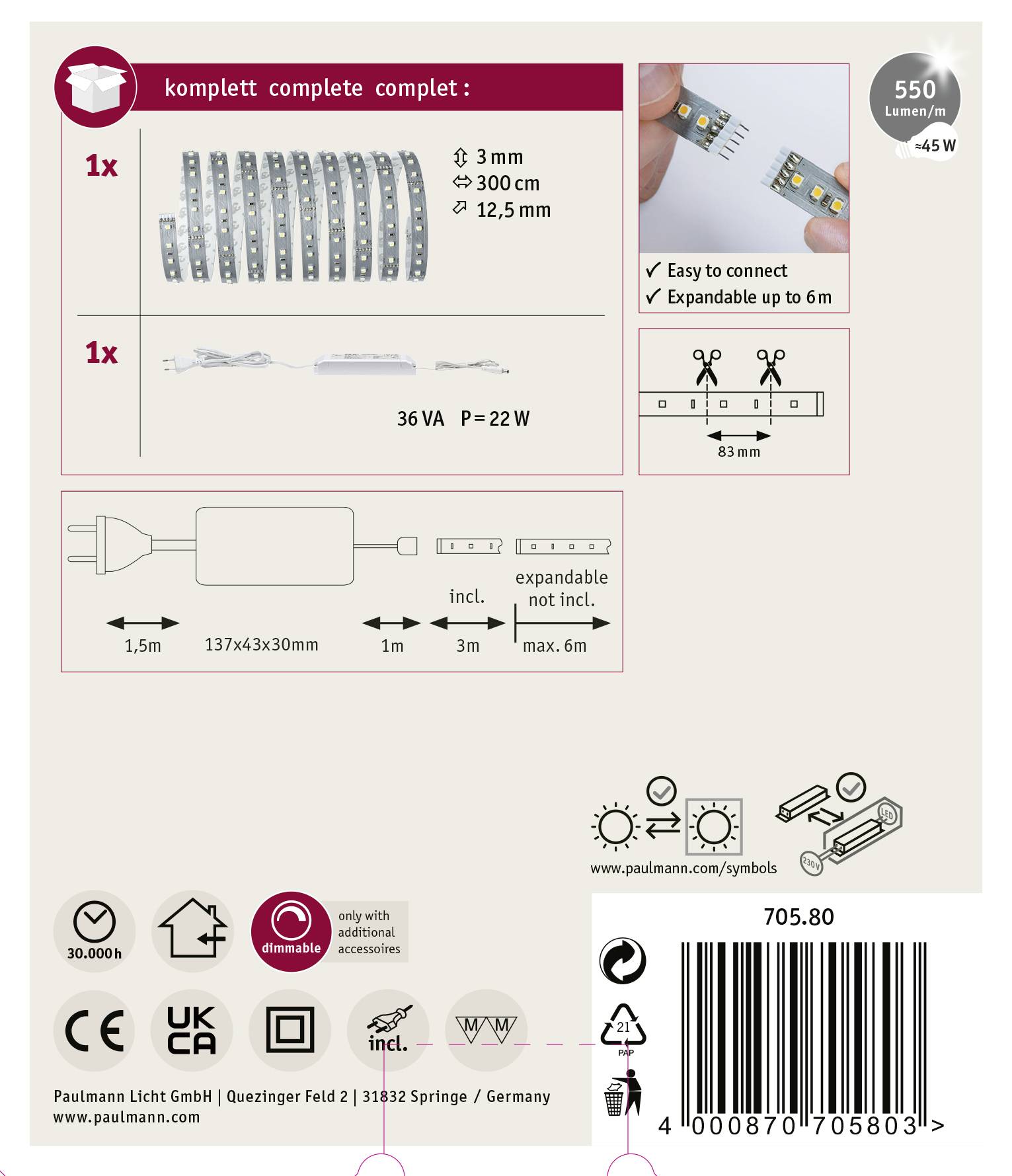 'LED Strip Komplett-Set, 3 m Länge, 550 Lumen/45 W, erweiterbar bis 6 m. Enthält Anschlusskabel, Dimmer optional.'