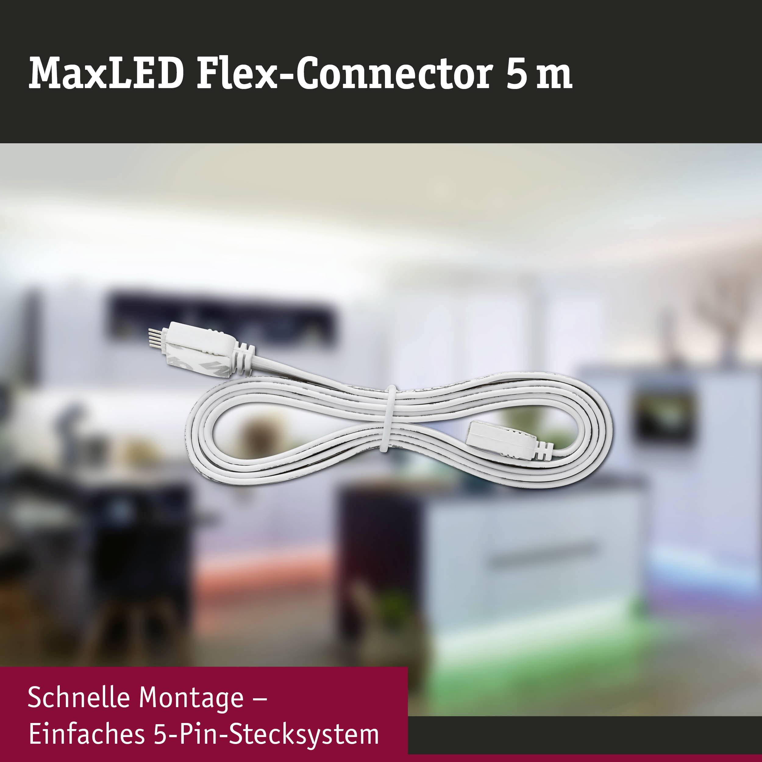 MaxLED Flex-Connector 5 m abgebildet vor einem unscharfen Wohnraum. Text unten: 'Schnelle Montage – Einfaches 5-Pin-Stecksystem'.