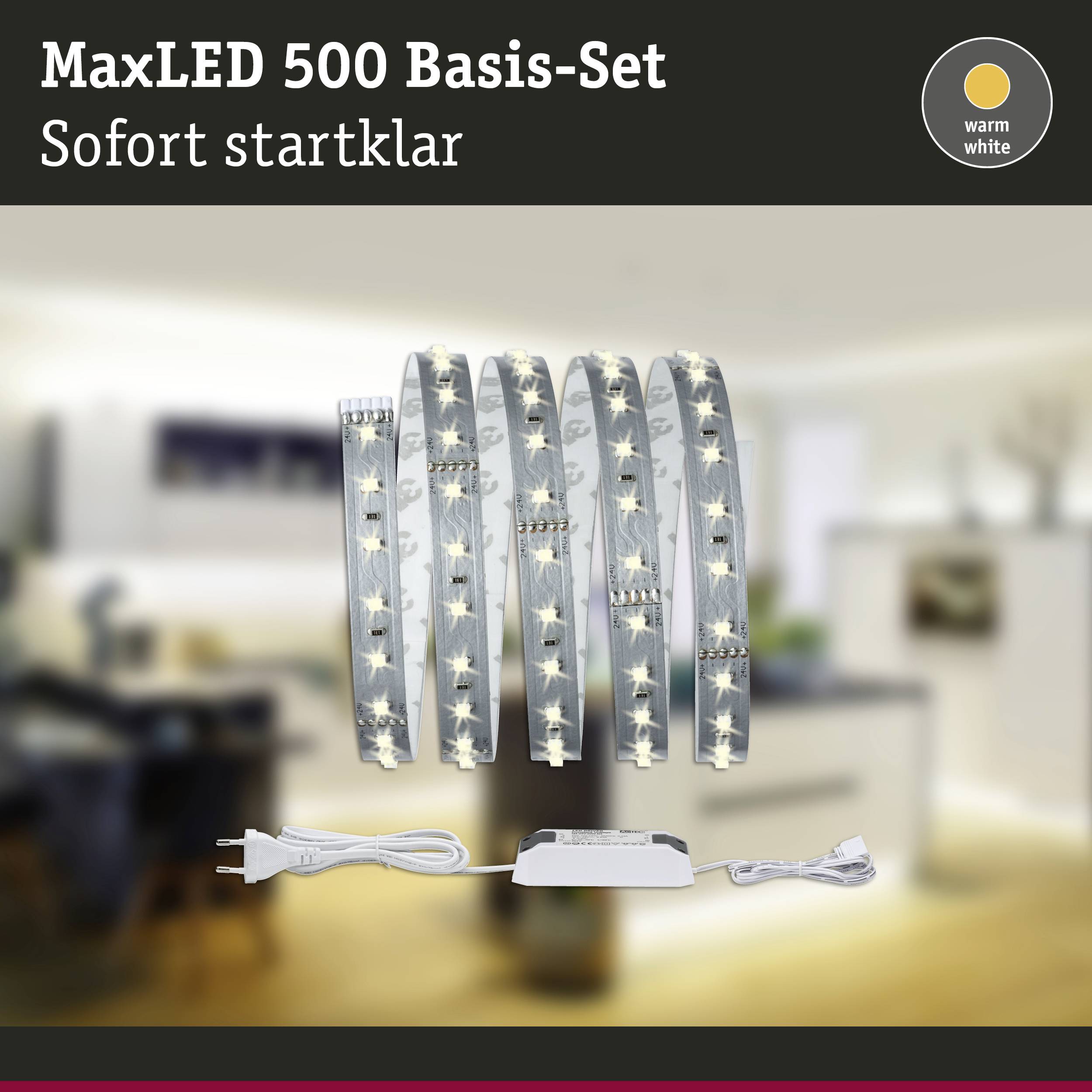 MaxLED 500 Basis-Set mit LED-Streifen und Zubehör, ideal für sofortige Nutzung in Wohnbereichen, erzeugt warmweißes Licht.