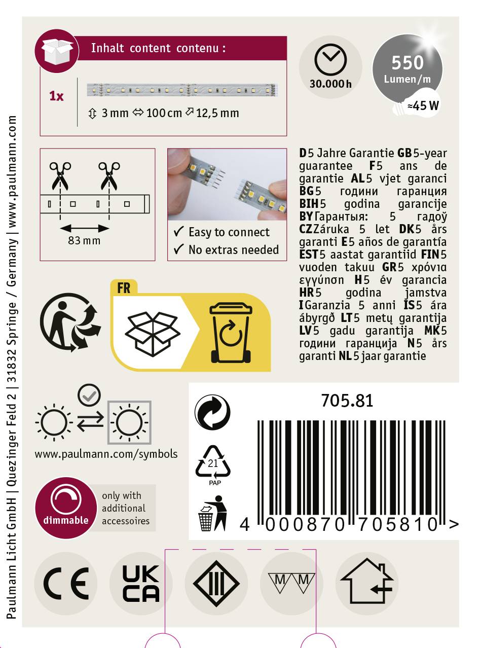 Produktverpackung einer LED-Leuchte mit 550 Lumen, 5 Jahre Garantie, E14-Sockel, 45 W, 30.000 Stunden Lebensdauer, dimmbar.