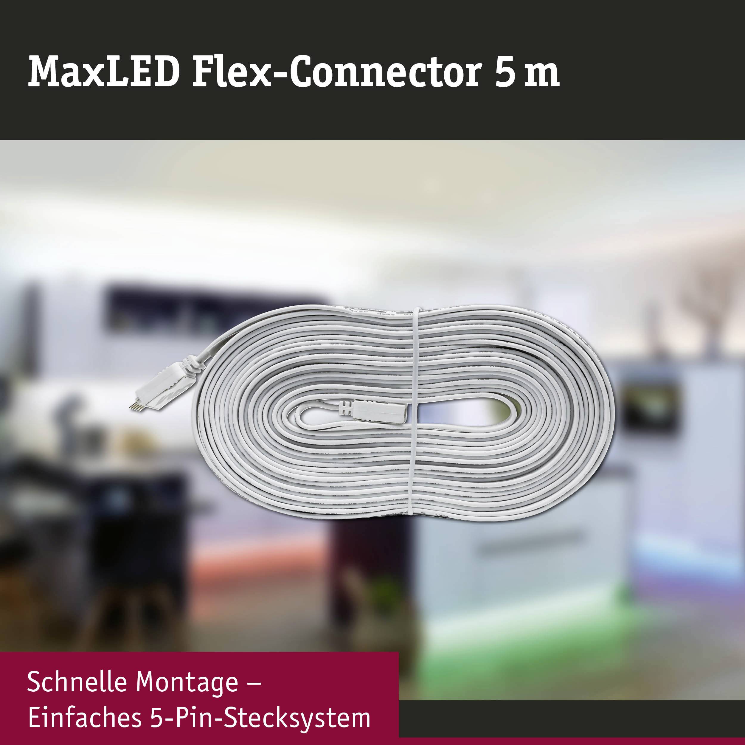 MaxLED Flex-Connector Kabel, 5 m. Aufgerollt auf einem Tisch, geeignet für einfache 5-Pin-Stecksystem-Montage.