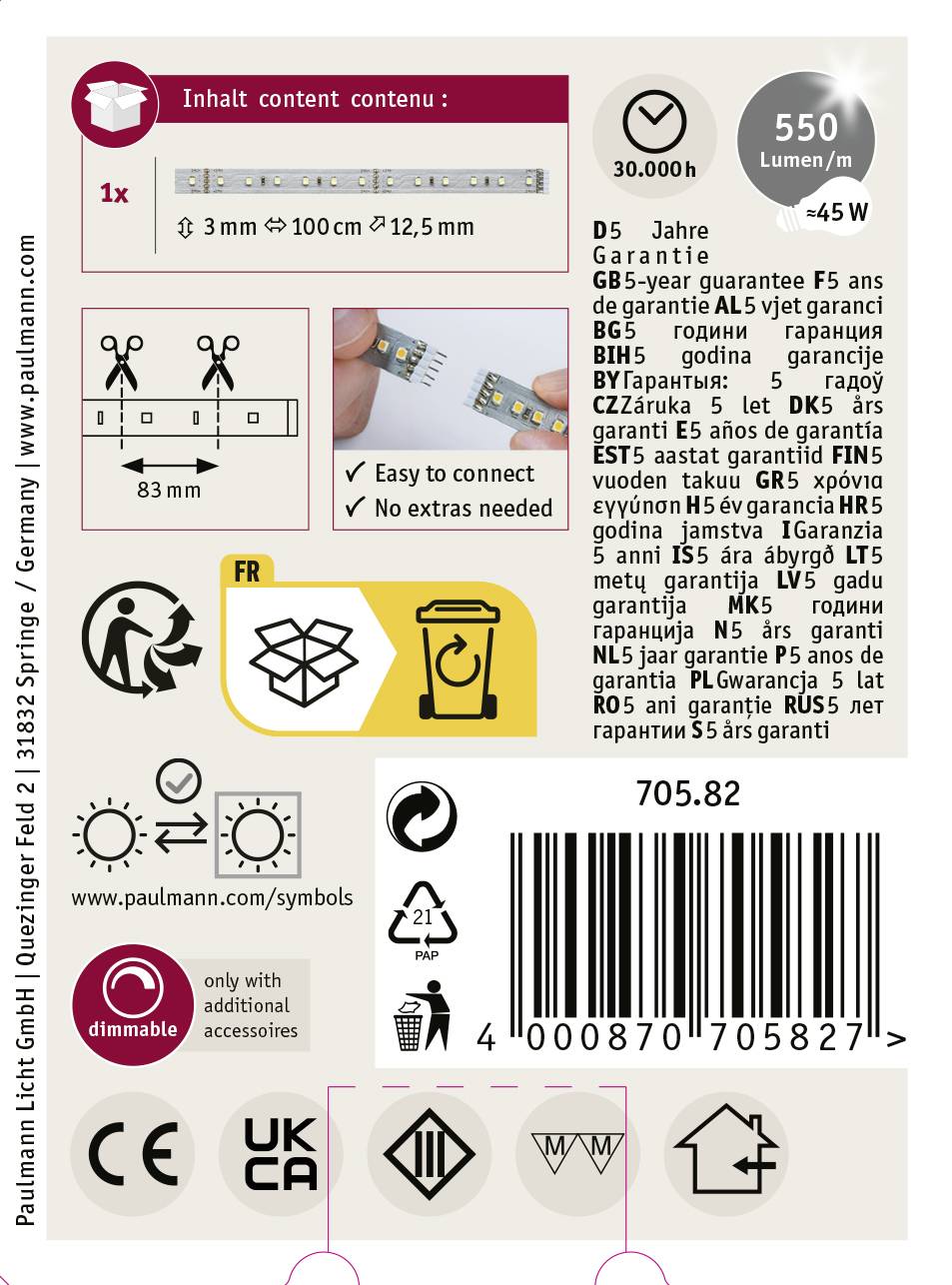 'Verpackung einer LED-Lampe, zeigt technische Daten: 550 Lumen, 45 Watt, 3000 Stunden Lebensdauer. Symbole für Garantie, Recycling, Dimmbar.'