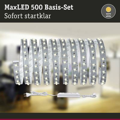 MaxLED 500 Basis-Set, sofort startklar. Enthält warmweiße LED-Streifen mit Netzteil, bereit zur Installation in Innenräumen.