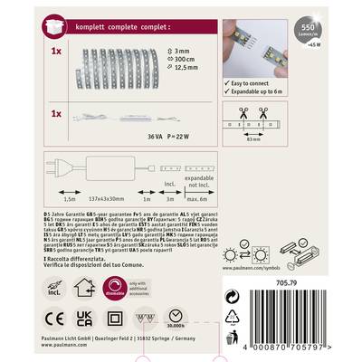 'LED Streifen Set', inkl. 1x LED Band (3m), Trafo, Anschlusskabel, Verbinder. Erweiterbar auf 6m. Lichtleistung: 550 Lumen, 22W.