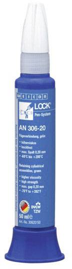 Flasche mit blauem Etikett, das Details zum Produkt 'Weicon Lock An 306-20' zeigt. Enthält 50 ml und ist für zylindrische Befestigungen.
