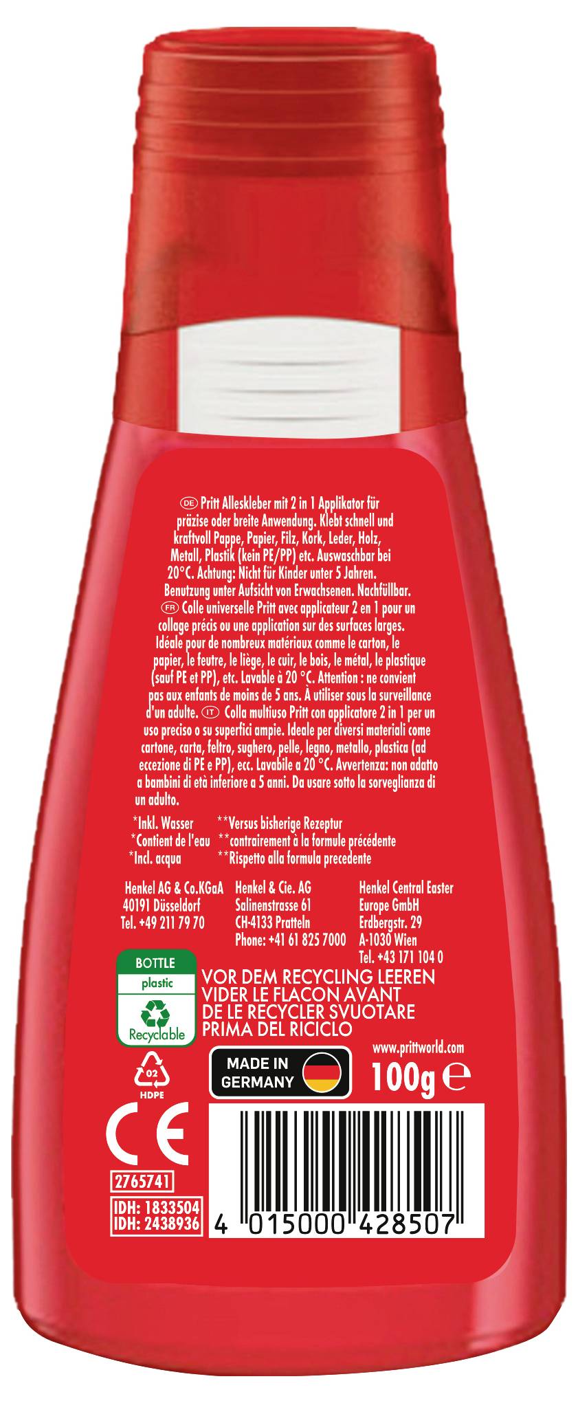 Eine rote Flasche mit einem weißen Deckel, auf dem Text in mehreren Sprachen zu sehen ist. Ein Recycling-Symbol, eine deutsche Flagge, das Gewicht '100g' und ein Barcode sind sichtbar.