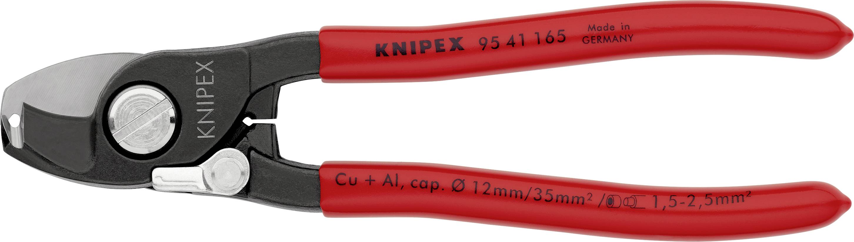 Ein roter Kabelschneider mit schwarzem Kopf. Auf dem Griff steht 'KNIPEX 95 41 165'. Geeignet für Kupfer- und Aluminiumkabel.