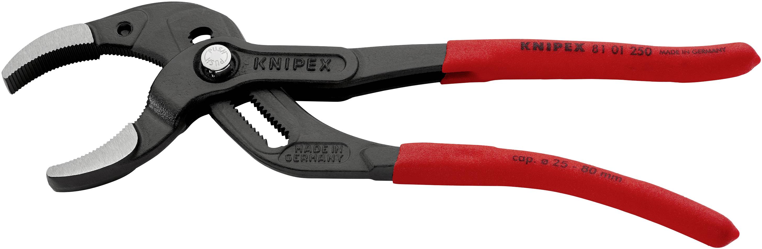 Rote, verstellbare Wasserpumpenzange mit schwarzen, gezahnten Greifbacken; Markenname „Knipex“ auf dem Griff.