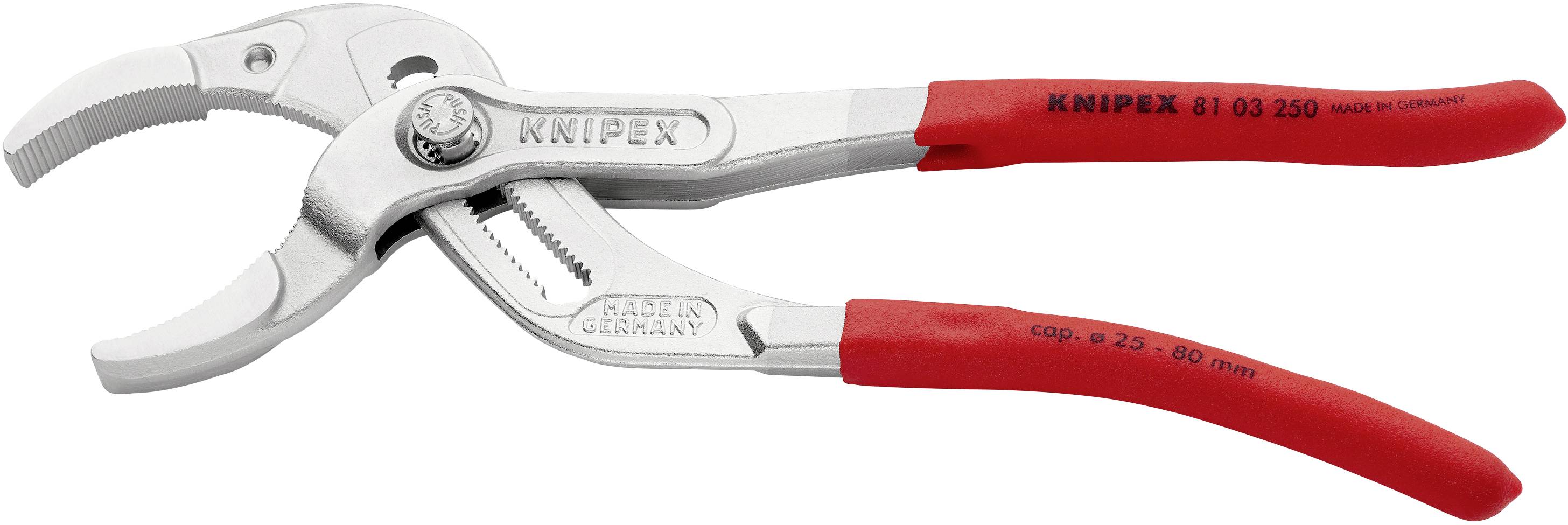 Eine verstellbare Wasserpumpenzange mit roten Griffen, Markenname 'Knipex' auf dem Griff. Geeignet für Rohre und Muttern von 25-80 mm.