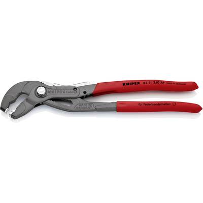 Zange von Knipex mit rotem Griff und schwarzem Kopf, geeignet für Federbandschellen.