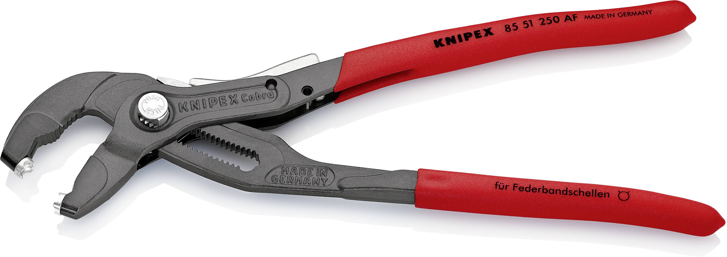 Zange mit roten Griffen, speziell für Federbandschellen, Marke KNIPEX, Modell 85 51 250 AF, 'Made in Germany'.