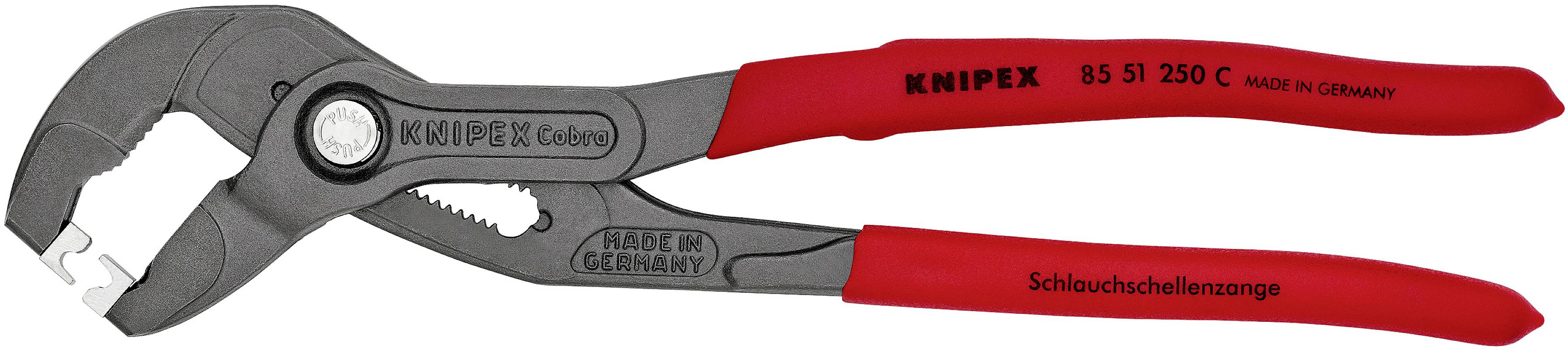 Rohrzange mit rotem Griff und silbernen Zangenbacken. Auf dem Griff steht 'Knipex' und 'Schlauchschellenzange'.
