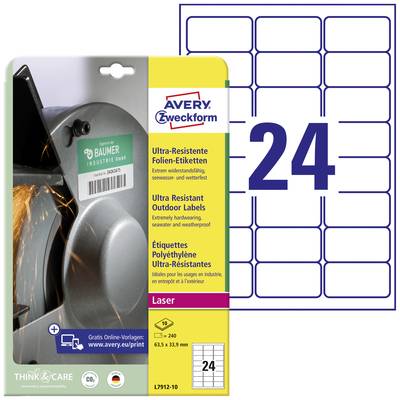 Avery Zweckform Ultra-Résistente Folien-Etiketten, 24 Etiketten pro Blatt. Geeignet für industrielle Anwendungen, wasser- und kratzfest.