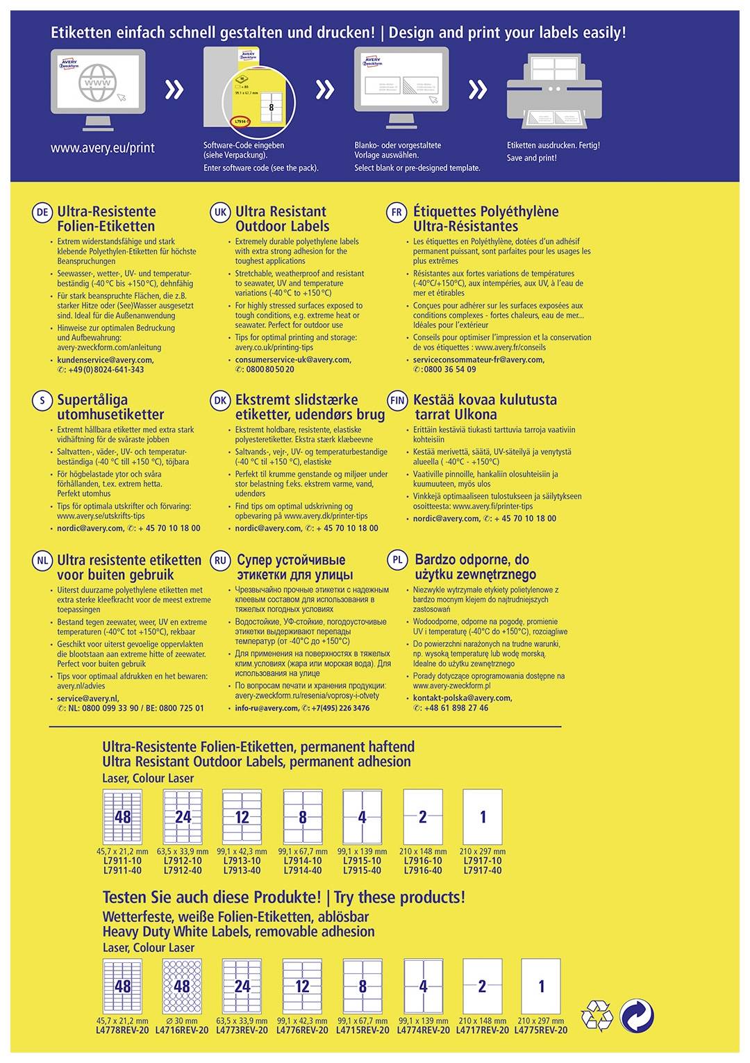 Beidseitig bedrucktes Etikettenblatt mit vielseitig einsetzbaren, ultraresistenten Folien-Etiketten, empfohlen für Etikettieraufgaben.