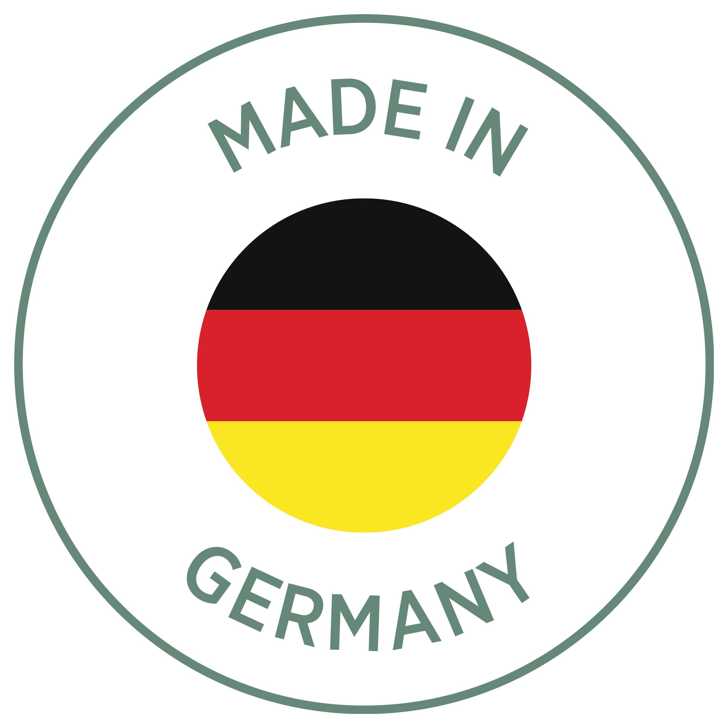 Rundes Siegel mit deutscher Flagge und der Aufschrift 'MADE IN GERMANY'.