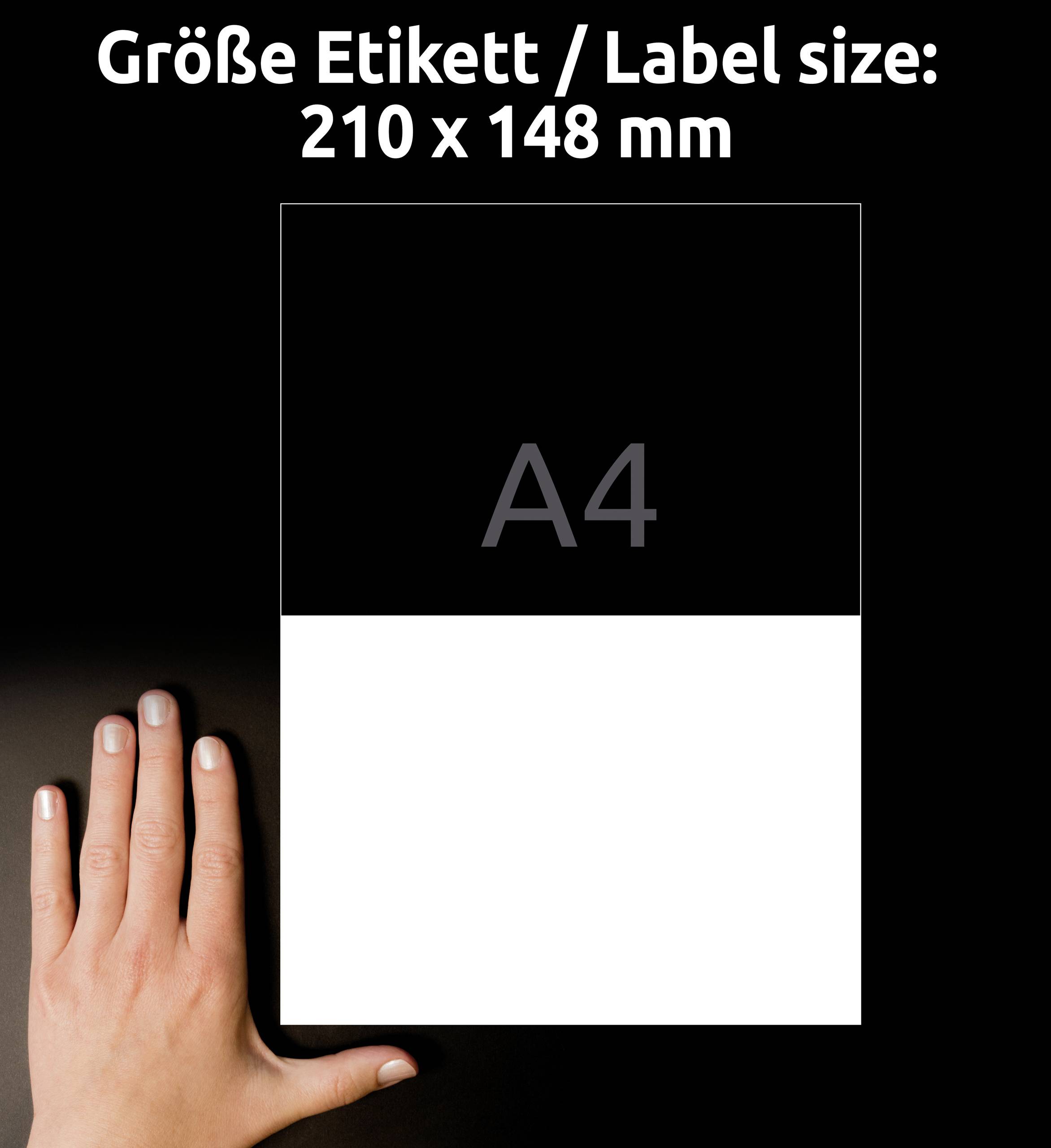 Hand zeigt auf ein halb mit schwarzem rechteckigem Bereich bedecktes A4-Blatt. Text oben: 'Größe Etikett / Label size: 210 x 148 mm'.
