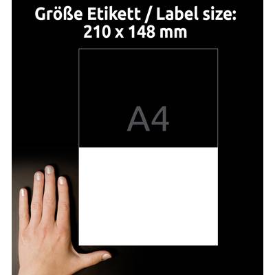 Hand zeigt auf ein halb mit schwarzem rechteckigem Bereich bedecktes A4-Blatt. Text oben: 'Größe Etikett / Label size: 210 x 148 mm'.