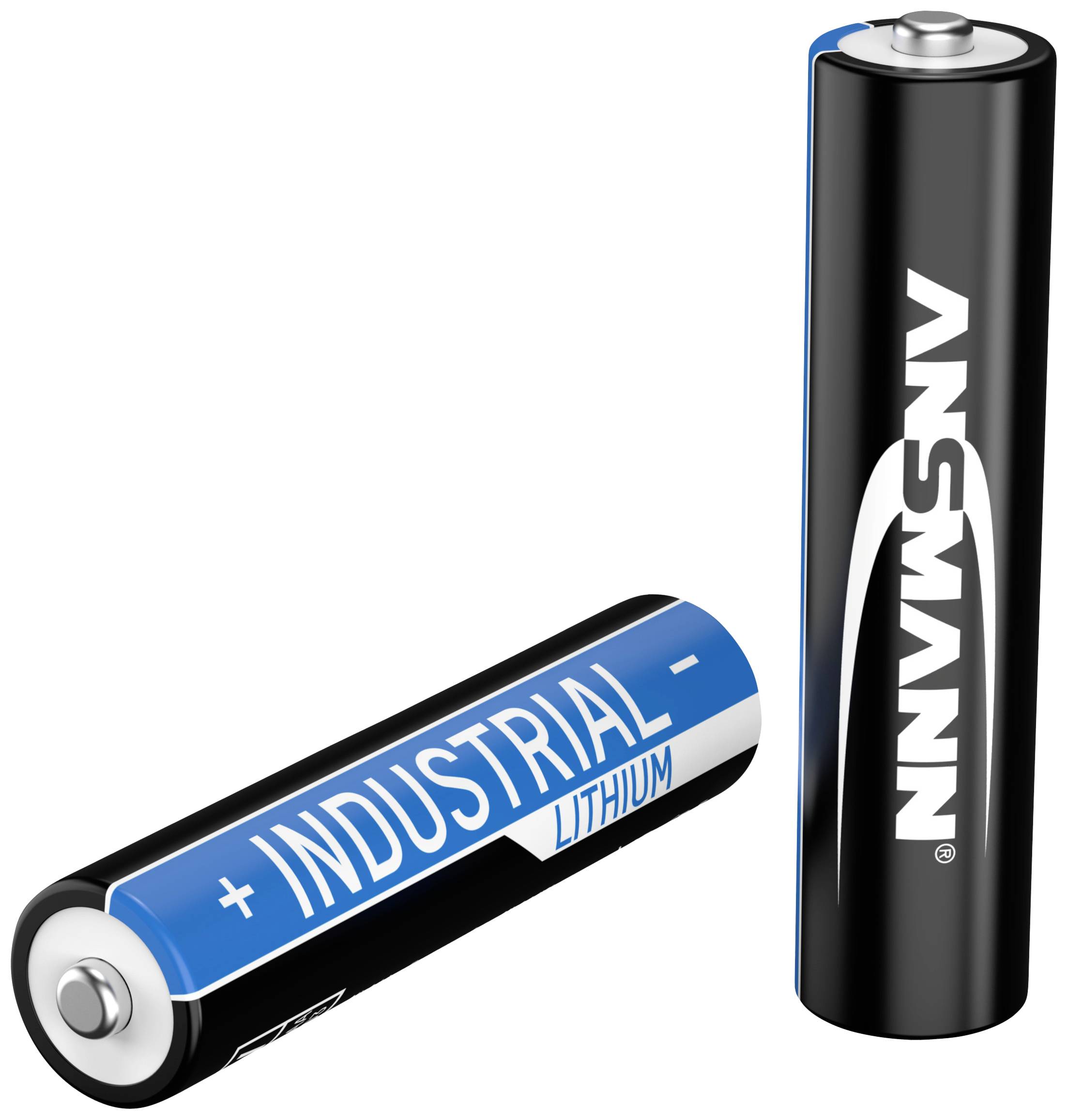 'Industrielle Lithium-Batterien von Ansmann in AA-Größe' sind abgebildet. Eine Batterie steht aufrecht und die andere liegt horizontal.