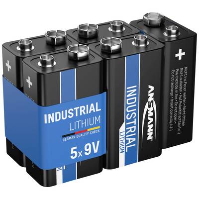 Fünf 9V-Batterien, gebündelt, mit der Aufschrift 'INDUSTRIAL LITHIUM' und Markendetails. Deutsche Qualitätskontrolle erwähnt.