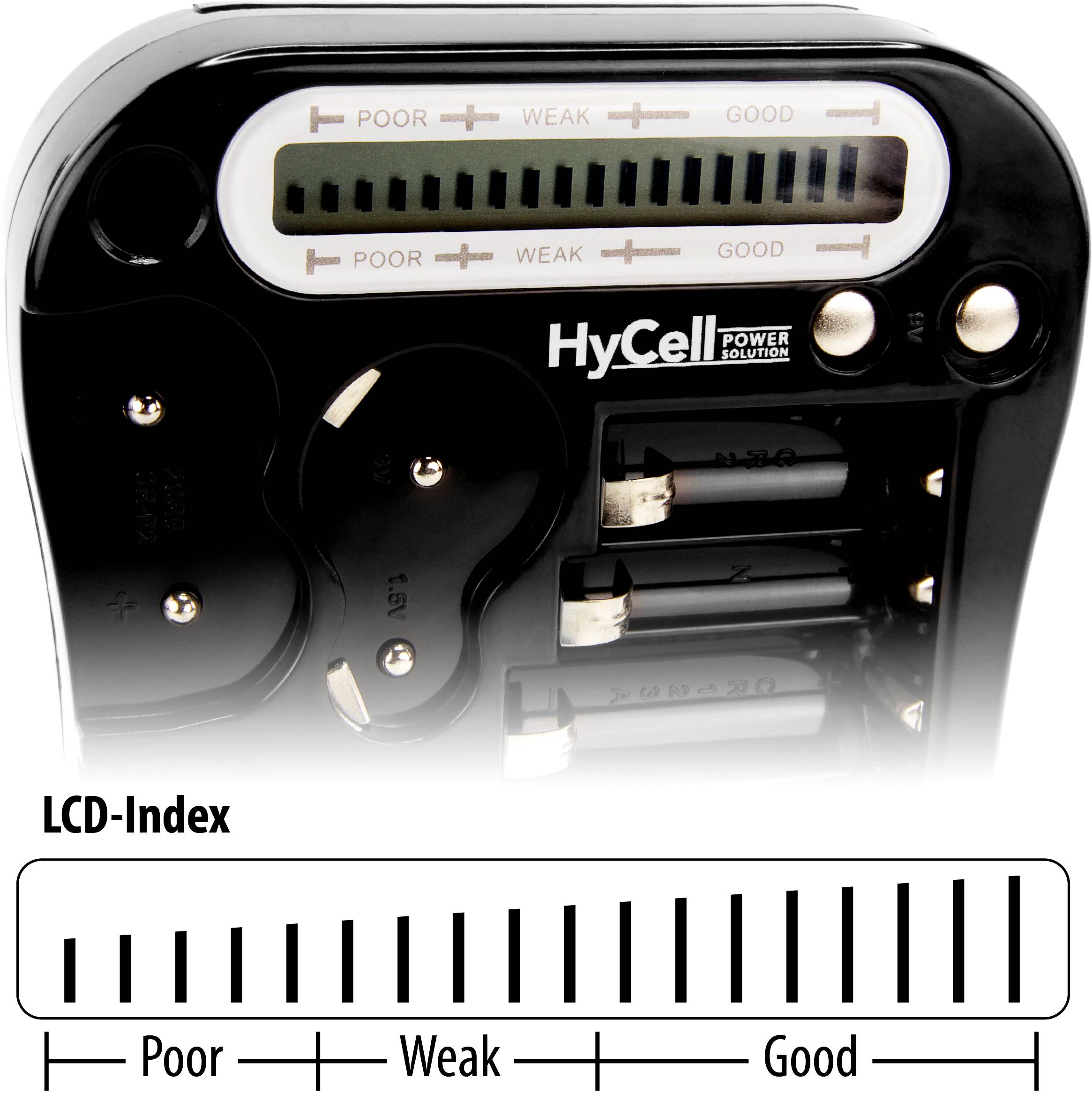 Symbolbild für HyCell Batterietester Batterietester LCD Messbereich (Batterietester) 1,5 V, 3 V, 6 V, 9 V Batterie 1900-0037
