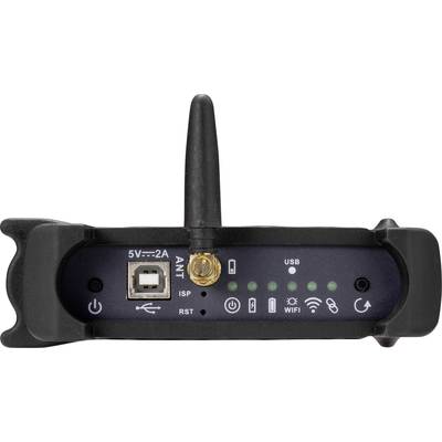 Das Bild zeigt die Rückseite eines Routers mit einem USB-Anschluss, einer Antenne und mehreren Status-LEDs, die die Verbindung anzeigen.
