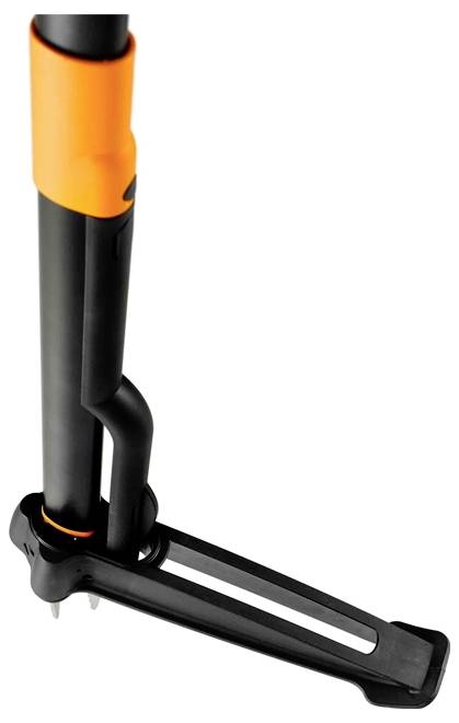 Nahaufnahme einer schwarzen und orangefarbenen verstellbaren Stange mit einer dreieckigen Basis, höchstwahrscheinlich ein Griff oder eine Stütze, die ein Dreh- oder Arretiermechanismus aufweist.